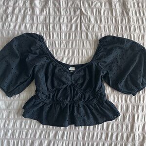 A New Day Black Eyelet Puff Sleeve Peplum Top (M)